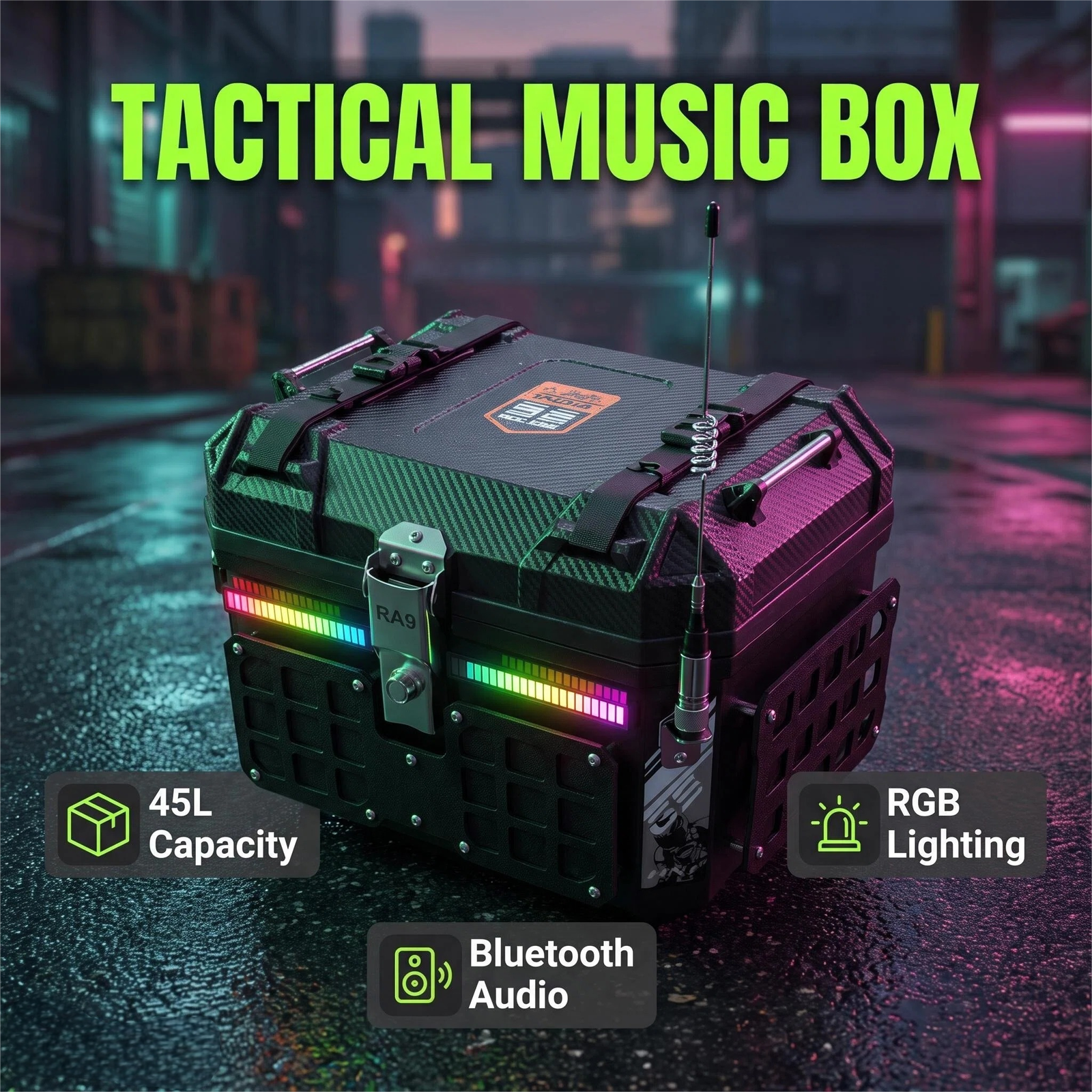 速卖通套图_01_堆叠卖点主图(1) 45L Motorcycle Tail Box Bluetooth Stereo with 4 Speakers RGB APP Control LED Light Waterproof 12V Power Tactical Expandable Desi - Image 1